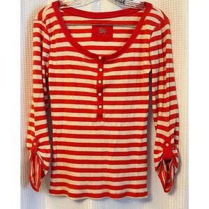 Red & White Striped Scoop Neck Henley Long Sleeve Womens Large 00s